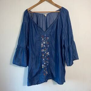Blue Chambray Embroidered Prairie Top‎ 22/24W Bell Sleeves Boho Fall Cottagecore